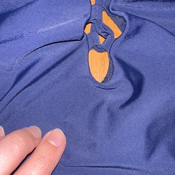 Aerie Lace Up Deep Plunge Low Back Halter Navy Blue One Piece Swimsuit - Picture 3 of 8